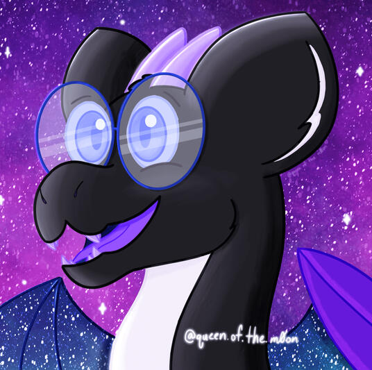 Image of Celeste the Dragon smiling on a galaxy background.